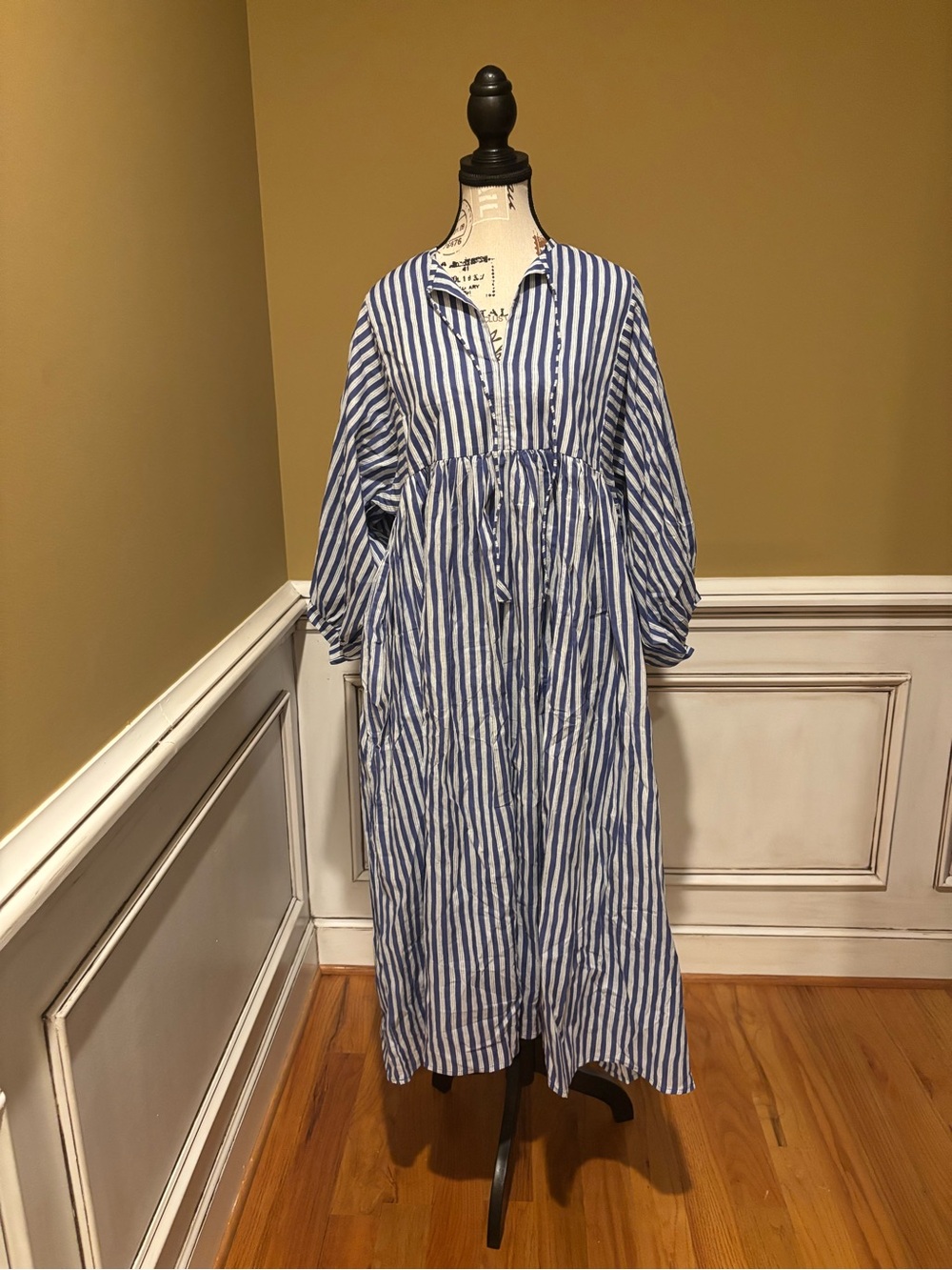 House of Sundar Blue and White Striped Button-Front Maxi Dress